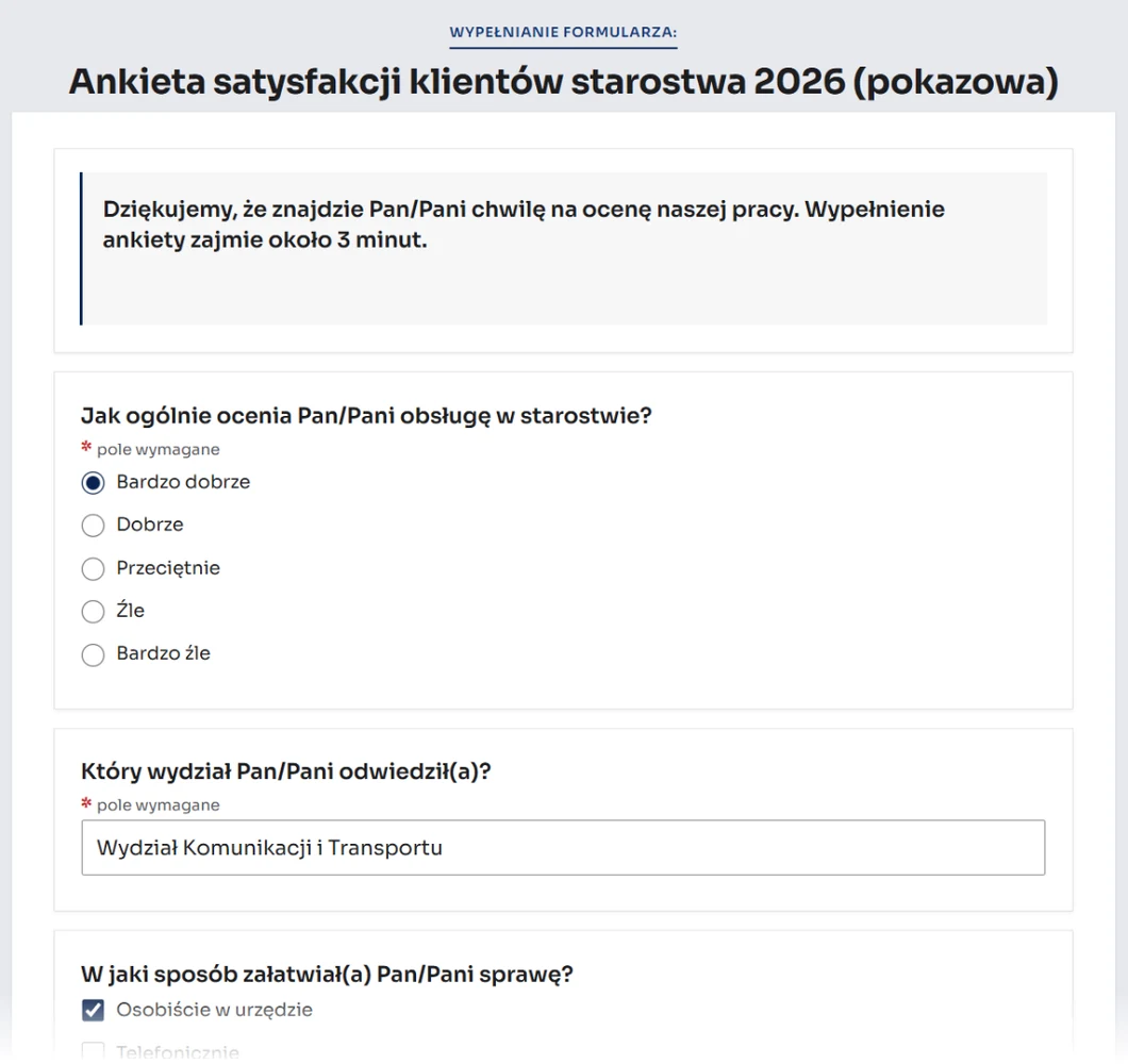 Ankieta satysfakcji klientów starostwa w trakcie wypełniania: ocena Bardzo dobrze, wybrany wydział i sposób załatwienia sprawy